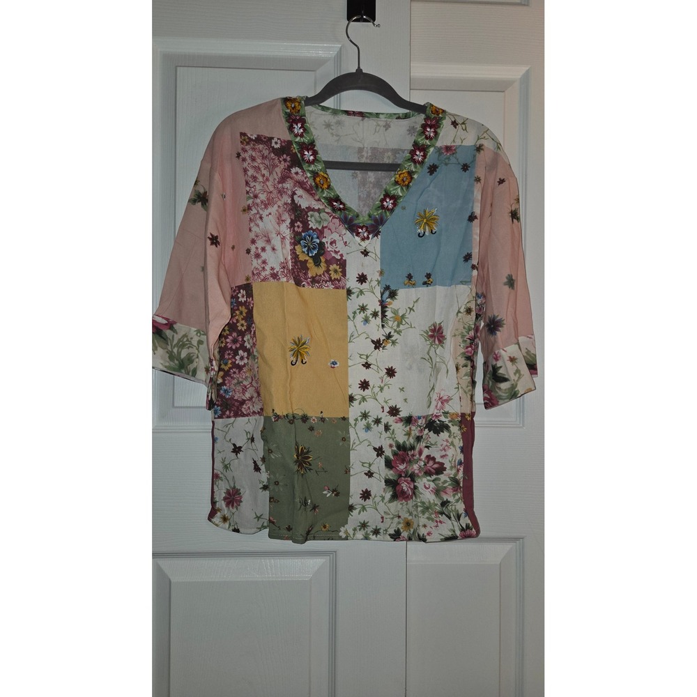 Womens Floral Patchwork V-Neck Cotton Tunic Top Multi Color Boho Size M